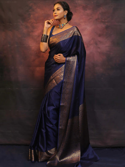 Navy Blue Kanjivaram Pure Soft Semi Silk Saree With Unstiched Attractive Blouse Piece