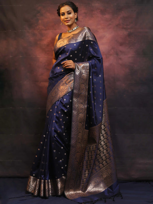 Navy Blue Kanjivaram Pure Soft Semi Silk Saree With Unstiched Attractive Blouse Piece