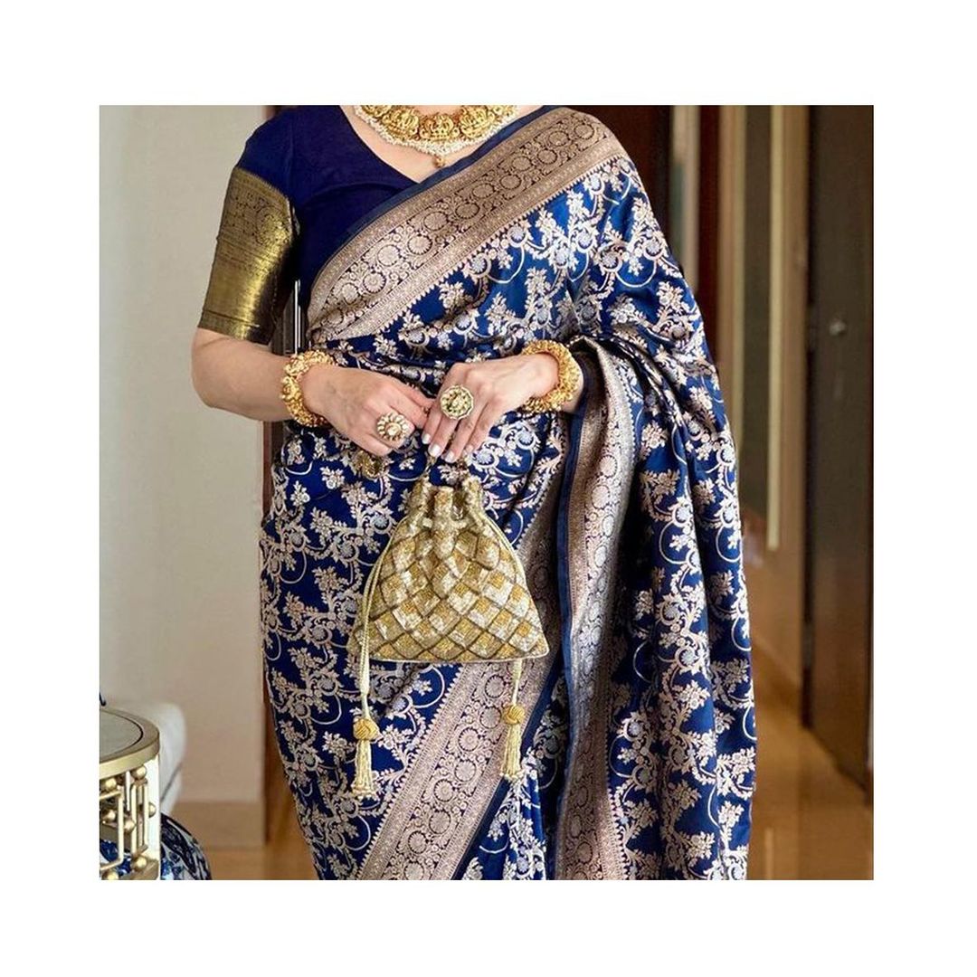 Navy Blue Banarasi Pure Soft Semi Silk Saree With Unstiched Attractive Blouse Piece