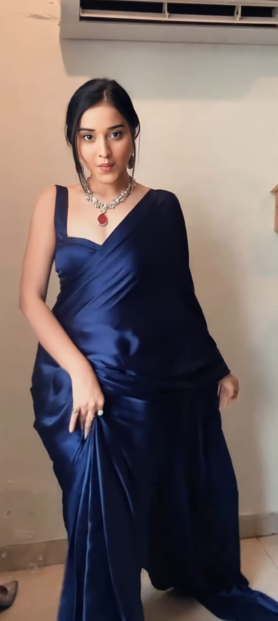 Navy Blue Ready to Wear Satin Saree With Unstitched Blouse Piece