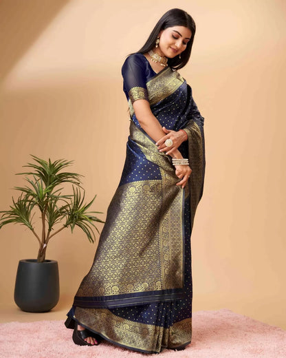 Navy Blue Pure Soft Silk Saree With Engrossing Blouse Piece