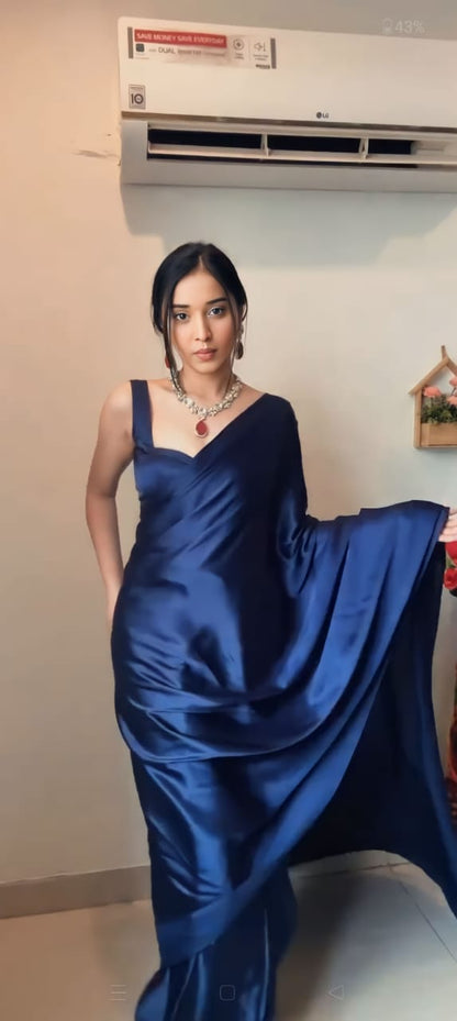 Navy Blue Ready to Wear Satin Saree With Unstitched Blouse Piece