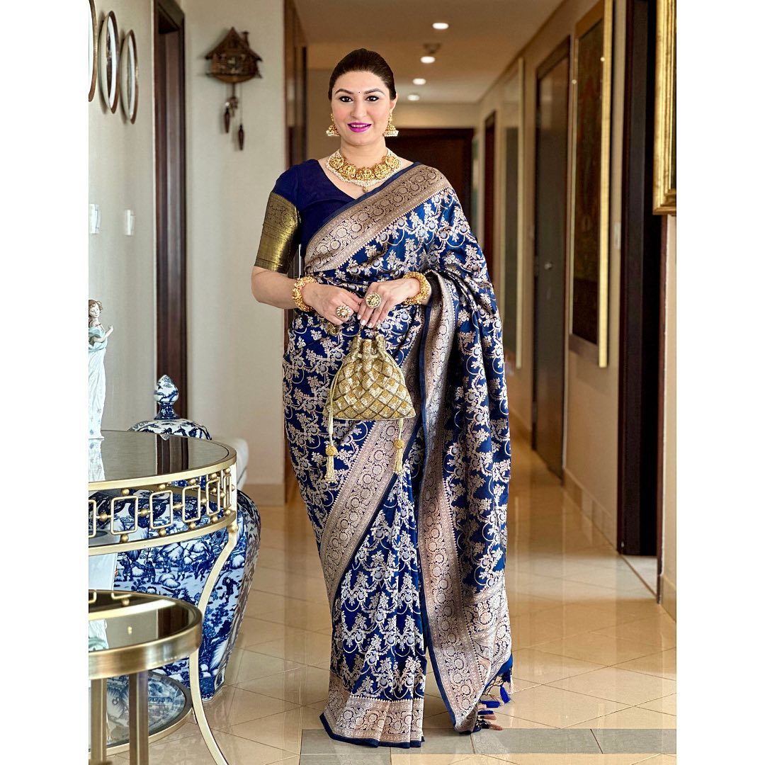 Navy Blue Banarasi Pure Soft Semi Silk Saree With Unstiched Attractive Blouse Piece