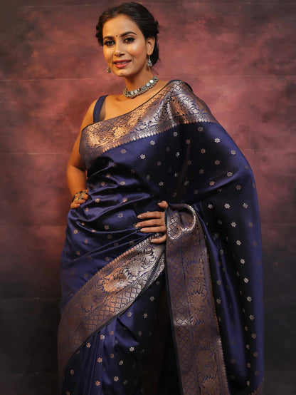 Navy Blue Kanjivaram Pure Soft Semi Silk Saree With Unstiched Attractive Blouse Piece