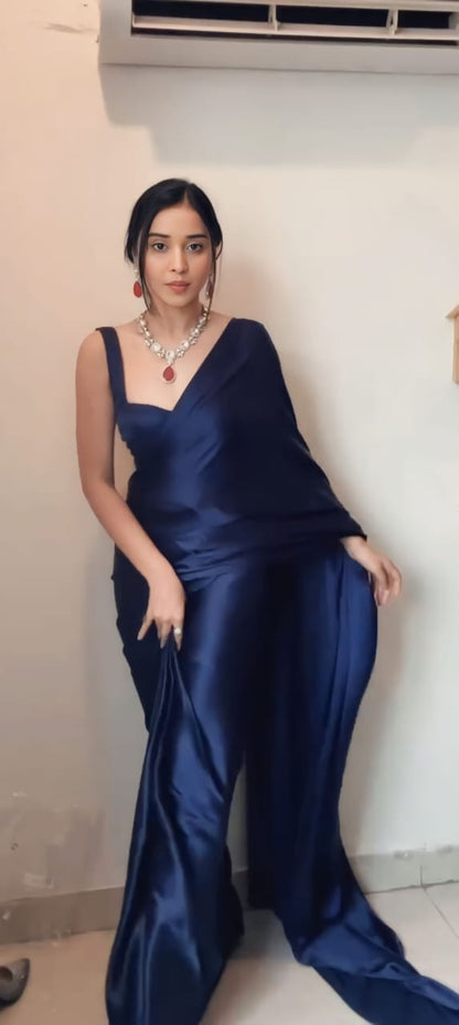 Navy Blue Ready to Wear Satin Saree With Unstitched Blouse Piece