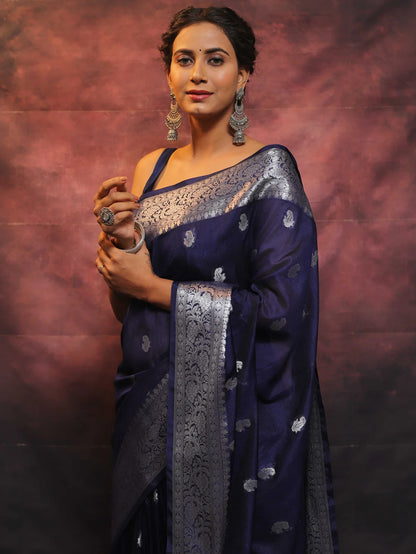 Navy Blue Combination Pure Soft Semi Silk Saree With Attractive Blouse Piece