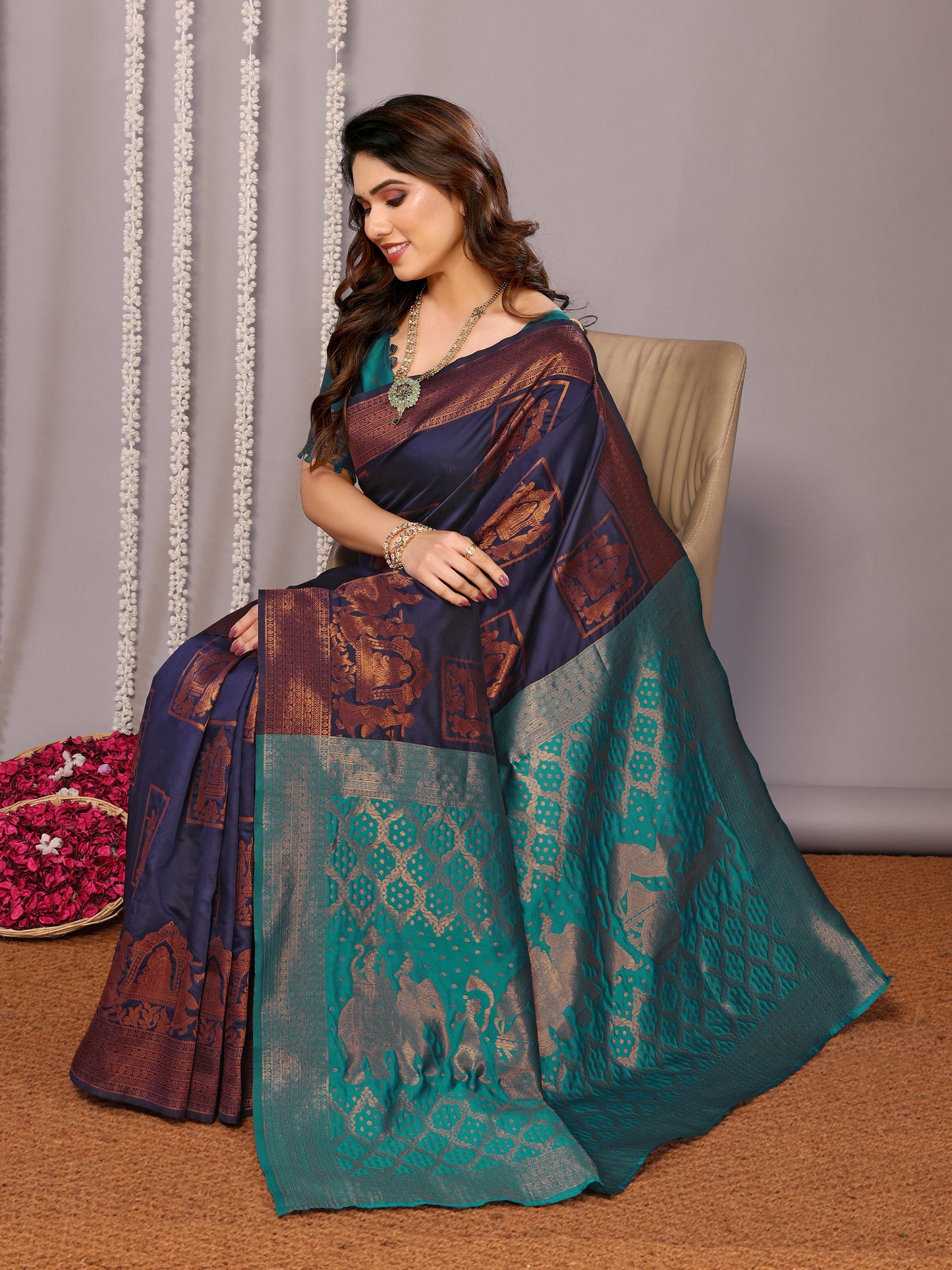 NEAVY BLUE RAMA SOFT SILK SAREE WITH TWIRLING BLOUSE PIECE