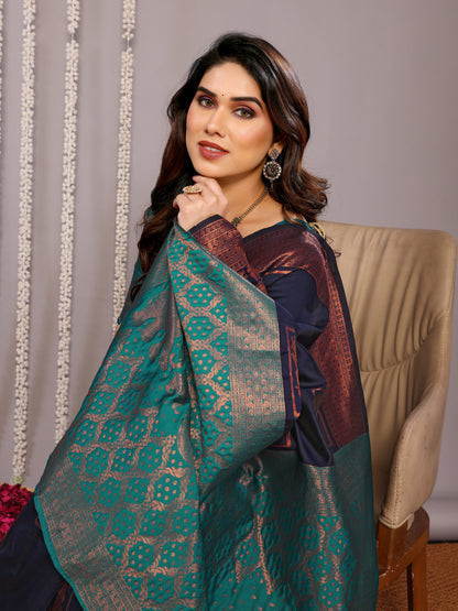 NEAVY BLUE RAMA SOFT SILK SAREE WITH TWIRLING BLOUSE PIECE