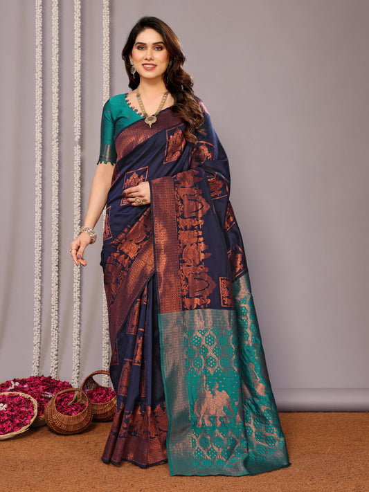 NEAVY BLUE RAMA SOFT SILK SAREE WITH TWIRLING BLOUSE PIECE