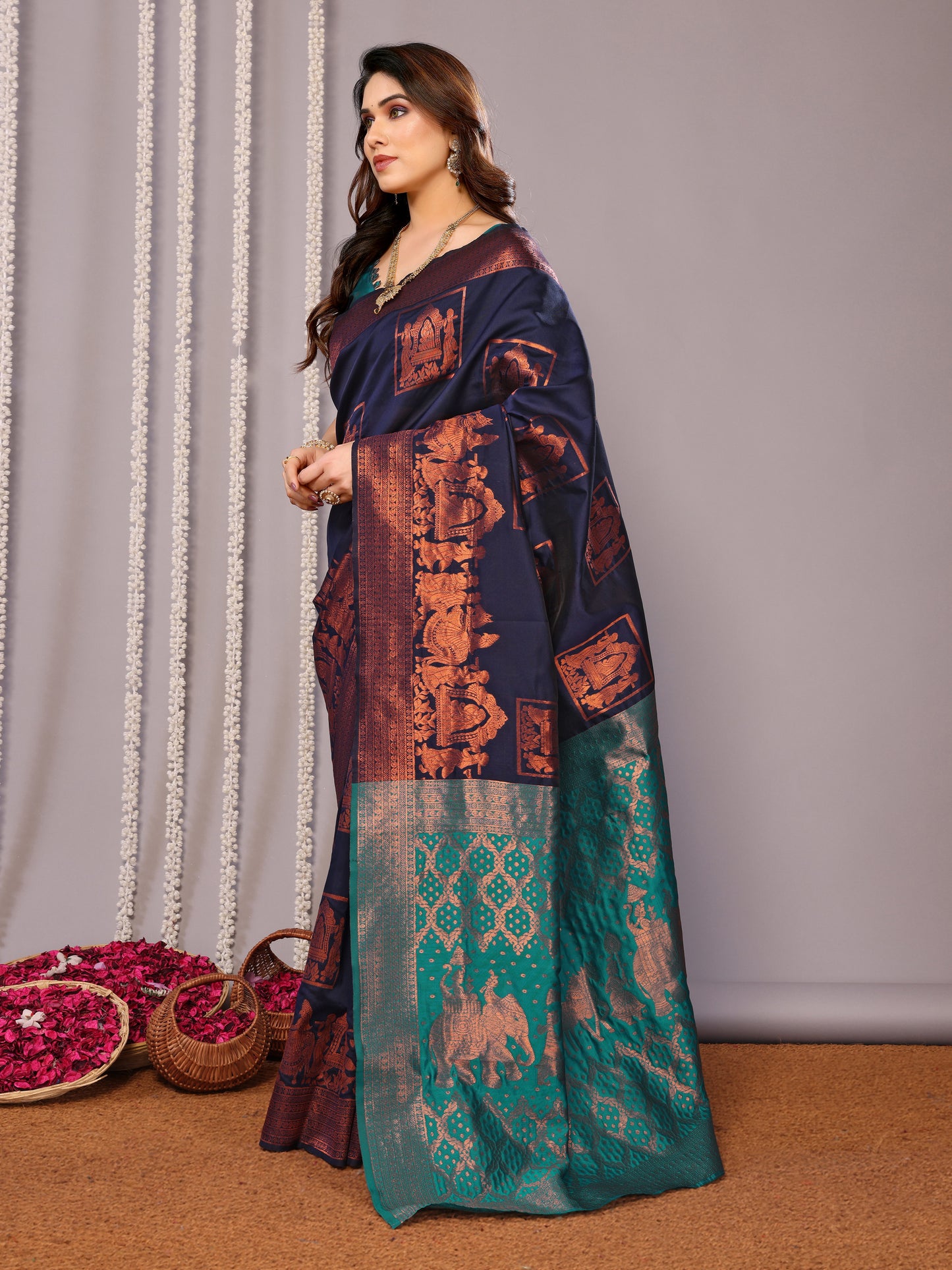 NEAVY BLUE RAMA SOFT SILK SAREE WITH TWIRLING BLOUSE PIECE