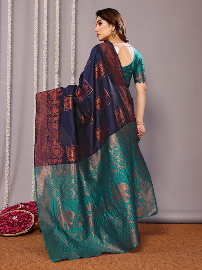 NEAVY BLUE RAMA SOFT SILK SAREE WITH TWIRLING BLOUSE PIECE