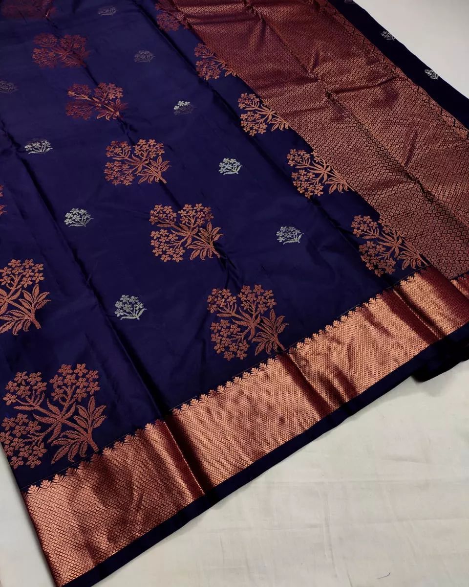 Navy Blue Pure Soft Silk Saree With Engrossing Blouse Piece