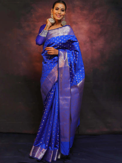 ROYAL BLUE PURE SOFT SILK SAREE WITH ENGROSSING BLOUSE PIECE