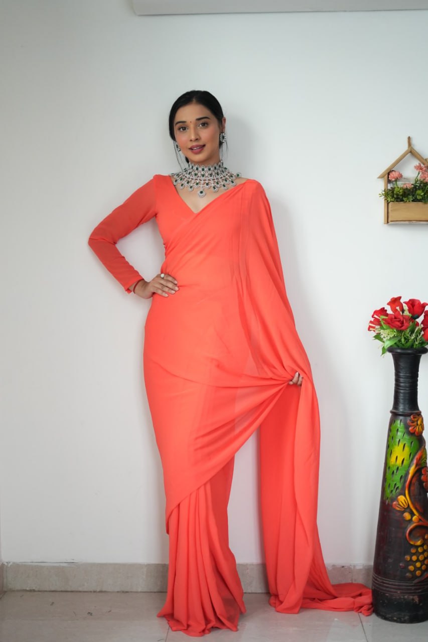 Orange Ready to Wear Georgette Saree With Unstitched Blouse Piece