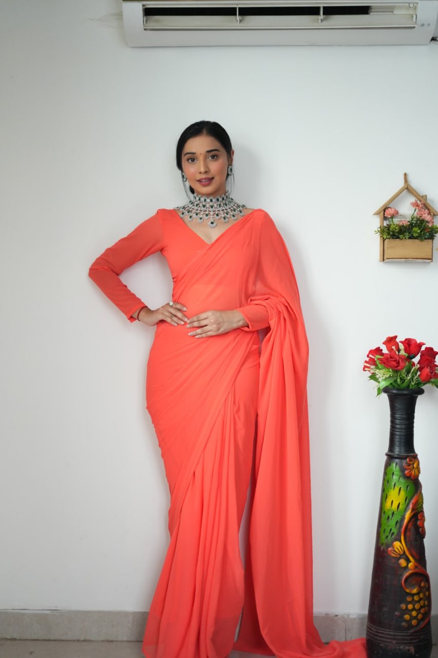 Orange Ready to Wear Georgette Saree With Unstitched Blouse Piece