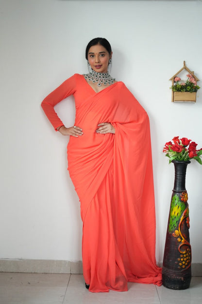 Orange Ready to Wear Georgette Saree With Unstitched Blouse Piece