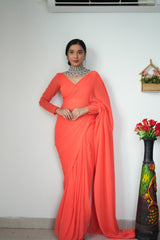 Orange Ready to Wear Georgette Saree With Unstitched Blouse Piece