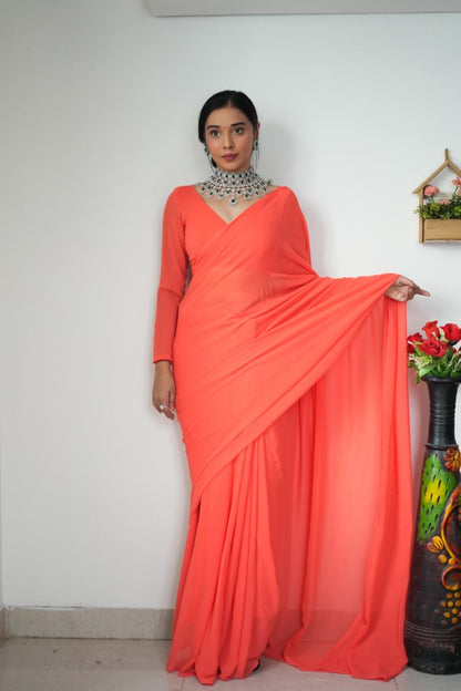 Orange Ready to Wear Georgette Saree With Unstitched Blouse Piece