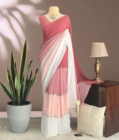 Peach Georgette Saree With Unstitched Blouse Piece