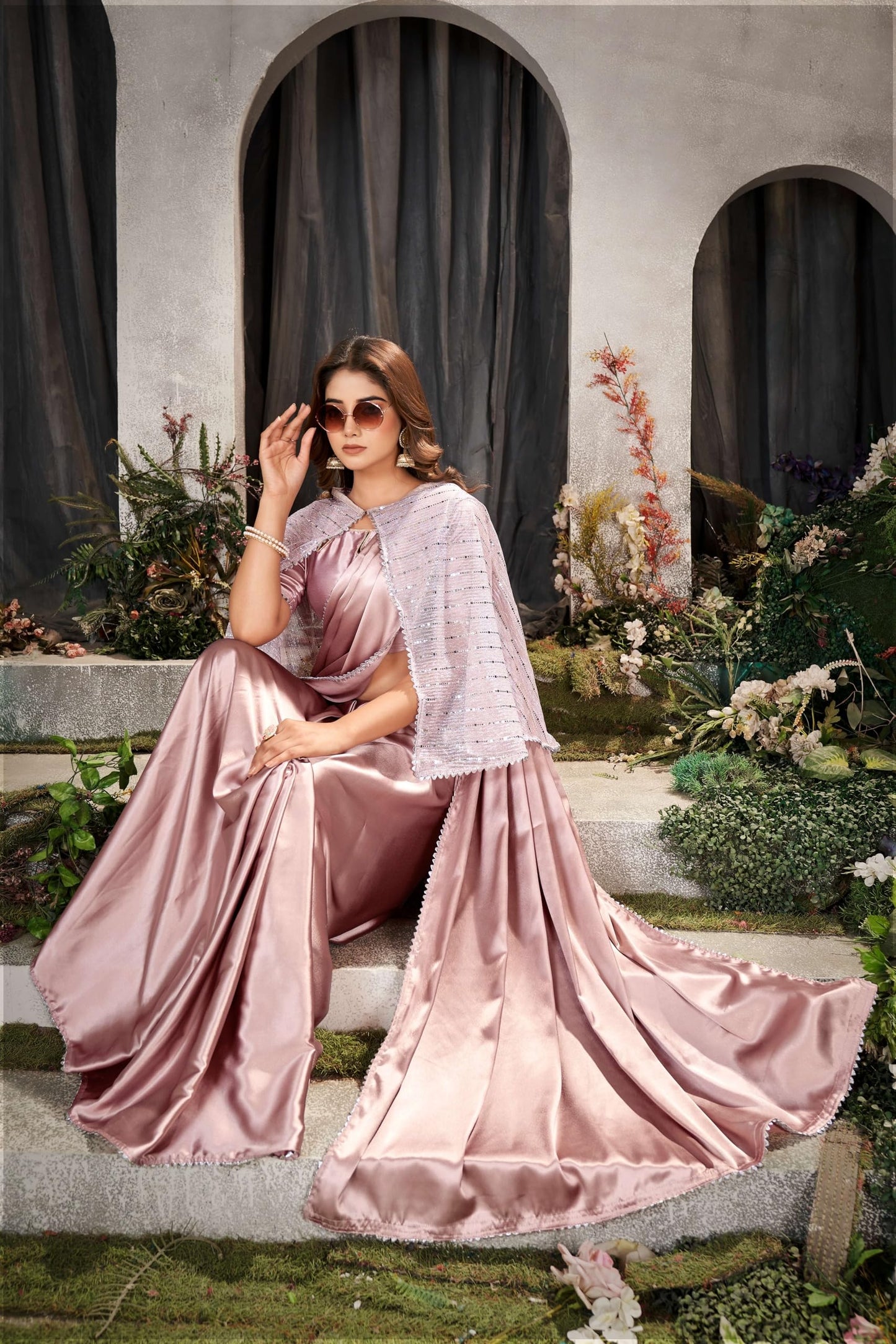 Peach Womens Satin Collection Saree With Blouse Piece With Koti