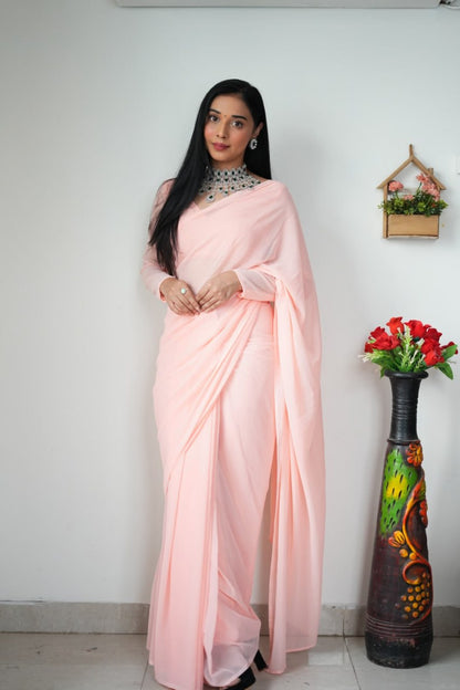 Peach Ready to Wear Georgette Saree With Unstitched Blouse Piece