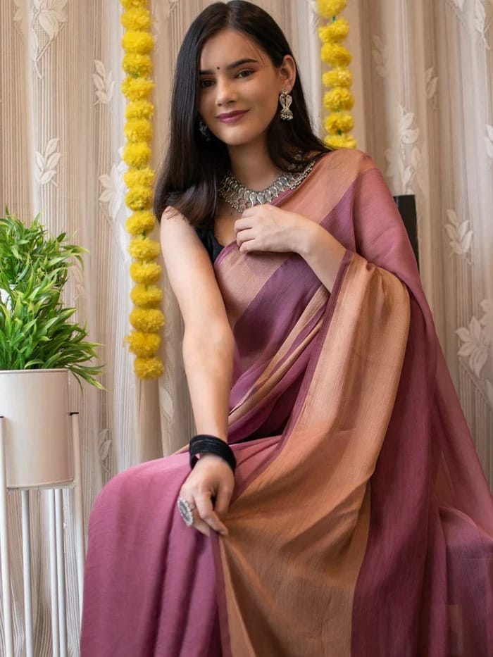 Peach Ready to Wear Chiffon Saree With Unstitched Blouse Piece