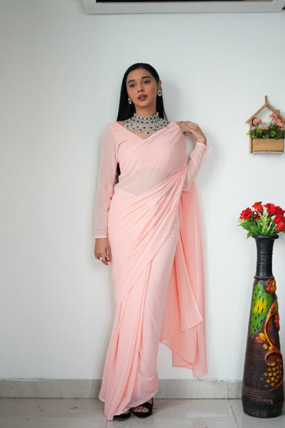 Peach Ready to Wear Georgette Saree With Unstitched Blouse Piece