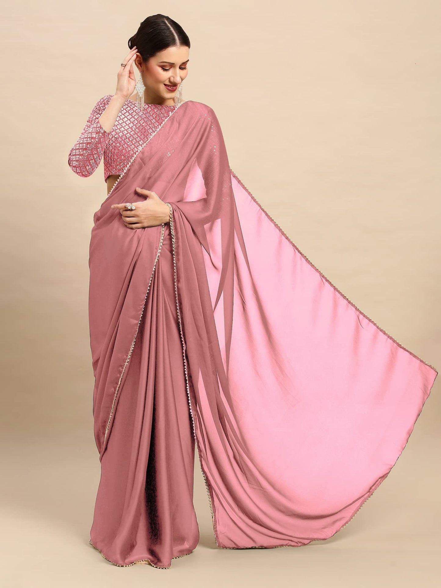 Peach Womens Satin Collection Saree With Blouse Piece