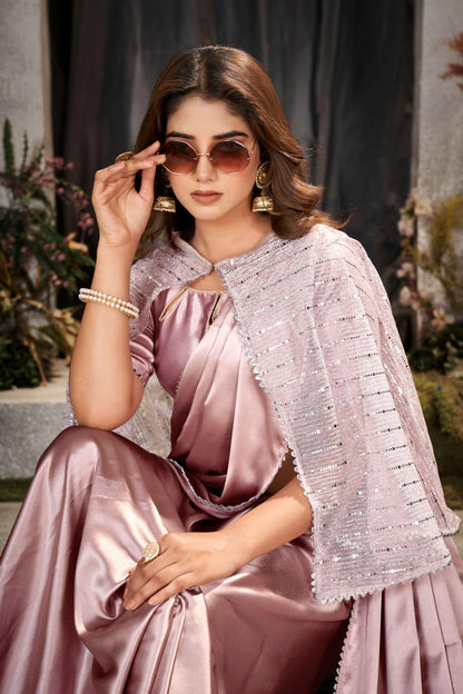 Peach Womens Satin Collection Saree With Blouse Piece With Koti