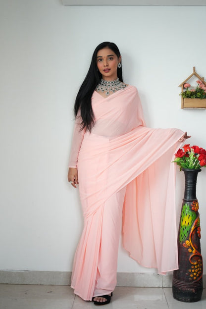 Peach Ready to Wear Georgette Saree With Unstitched Blouse Piece