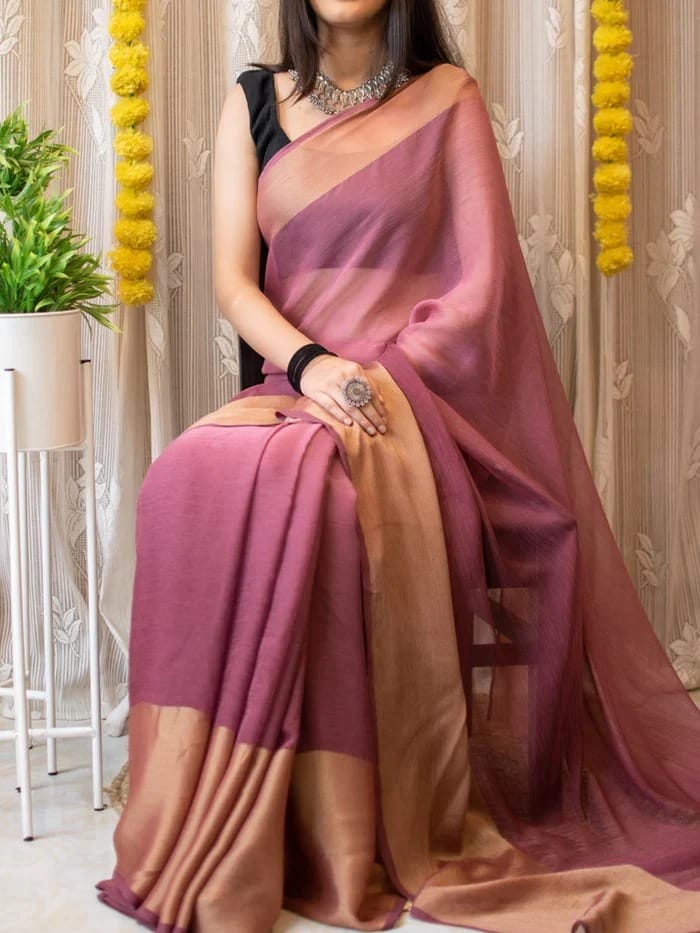 Peach Ready to Wear Chiffon Saree With Unstitched Blouse Piece