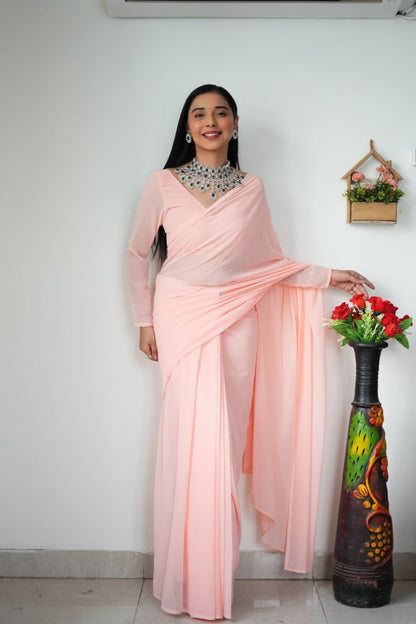 Peach Ready to Wear Georgette Saree With Unstitched Blouse Piece