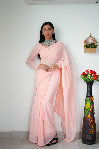 Peach Ready to Wear Georgette Saree With Unstitched Blouse Piece