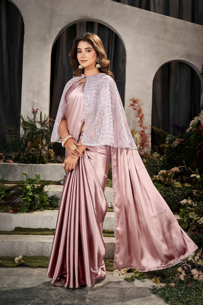 Peach Womens Satin Collection Saree With Blouse Piece With Koti