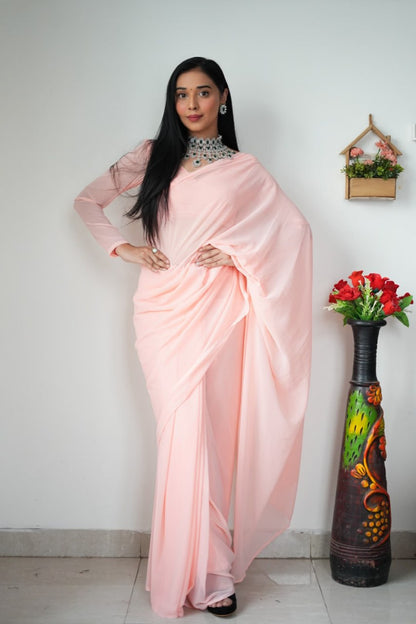 Peach Ready to Wear Georgette Saree With Unstitched Blouse Piece