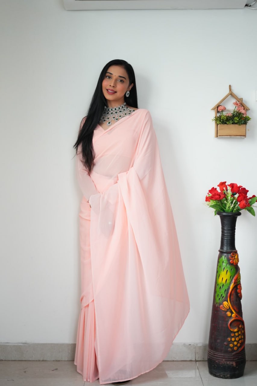 Peach Ready to Wear Georgette Saree With Unstitched Blouse Piece