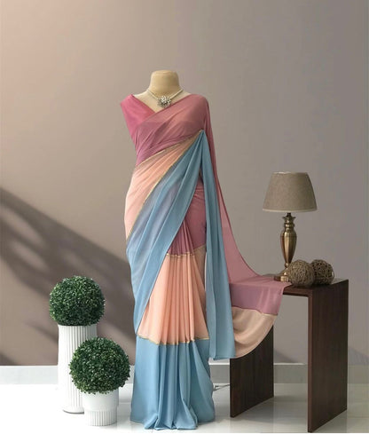 Peach Sky Georgette Saree With Unstitched Blouse Piece