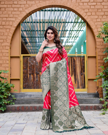 PINK & Green Banarasi Pure Soft Semi Silk Saree With Unstiched Attractive Blouse Piece