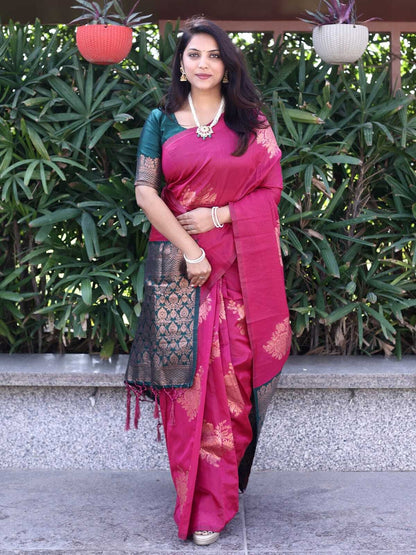 Pink Rama Pure Soft Silk Saree With Engrossing Blouse Piece