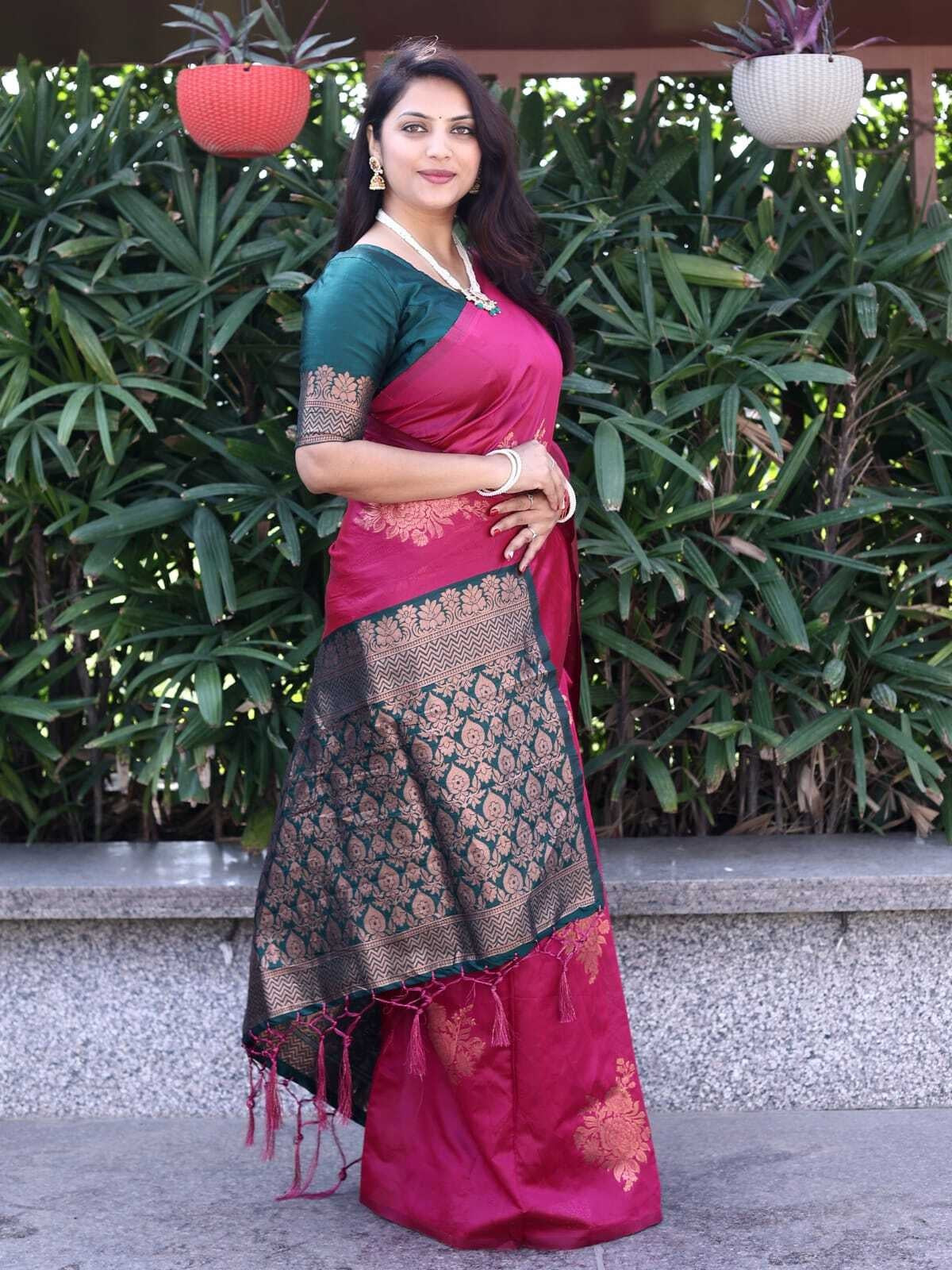 Pink Rama Pure Soft Silk Saree With Engrossing Blouse Piece