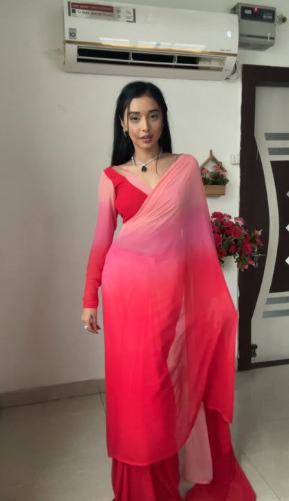 Pink Red Ready to Wear Georgette Saree With Unstitched Blouse Piece