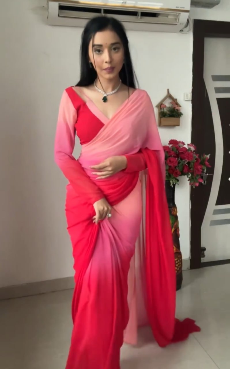 Pink Red Ready to Wear Georgette Saree With Unstitched Blouse Piece