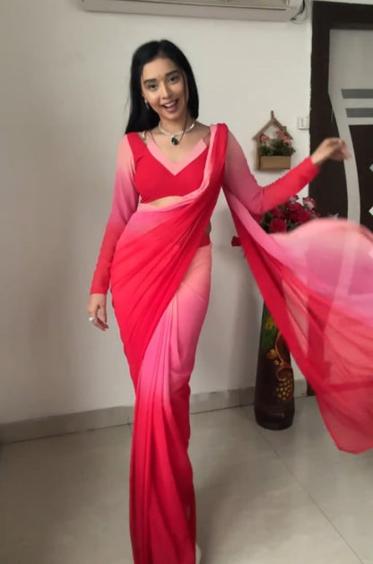 Pink Red Ready to Wear Georgette Saree With Unstitched Blouse Piece