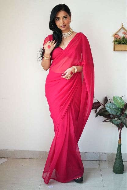 Pink Ready to Wear Georgette Saree With Unstitched Blouse Piece