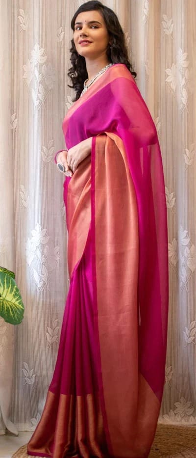 Pink Ready to Wear Chiffon Saree With Unstitched Blouse Piece