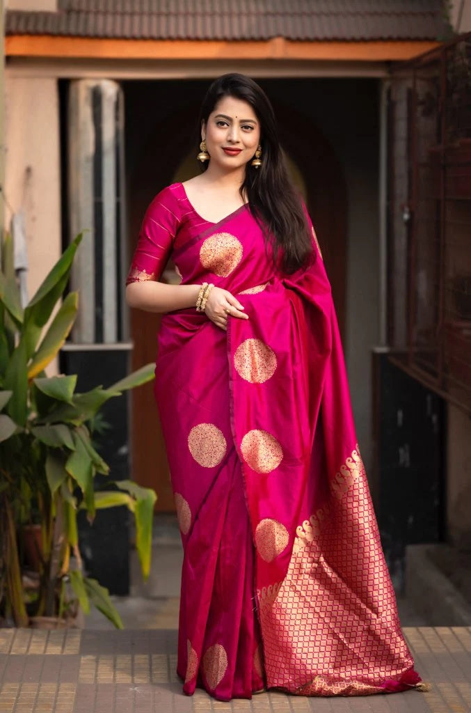 Pink Banarasi Pure Soft Semi Silk Saree With Unstiched Attractive Blouse Piece