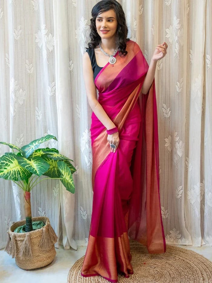 Pink Ready to Wear Chiffon Saree With Unstitched Blouse Piece