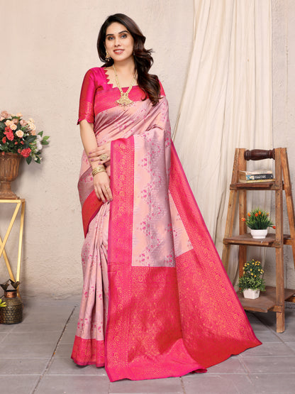 Pink Pure Soft Banarasi Silk Saree With Engrossing Blouse Piece