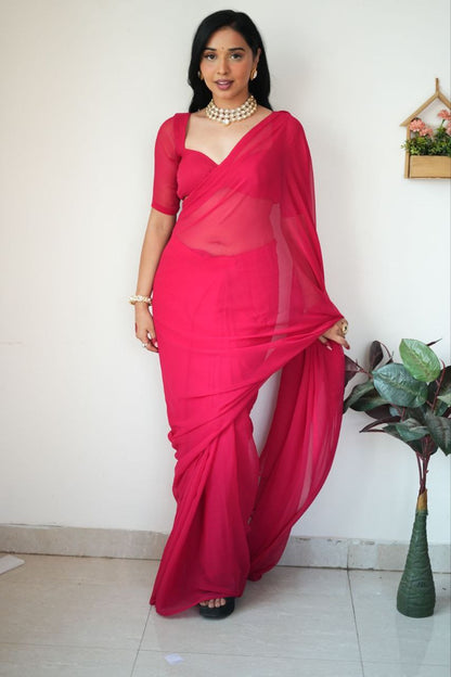 Pink Ready to Wear Georgette Saree With Unstitched Blouse Piece