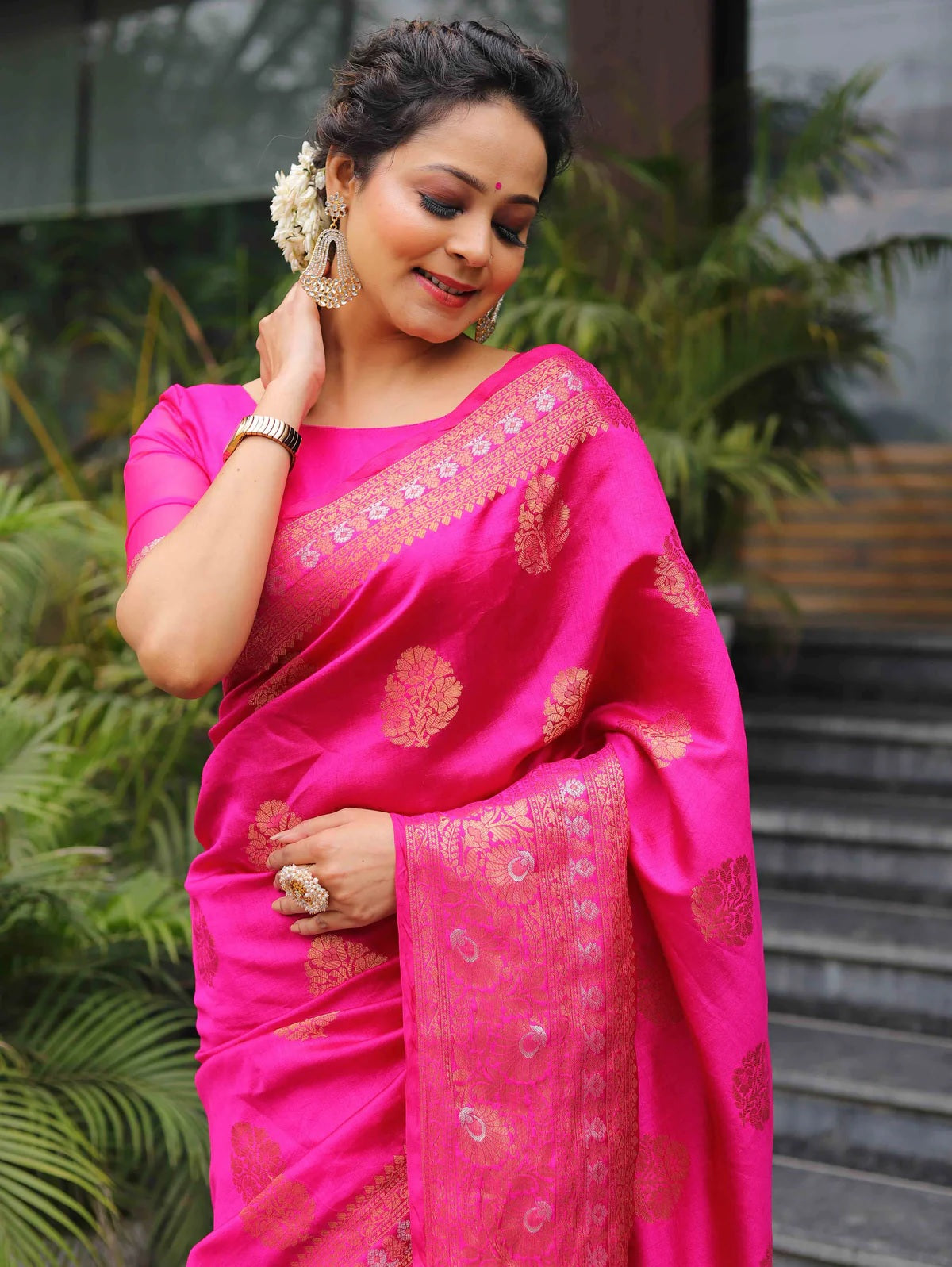 Pink Banarasi Pure Soft Semi Silk Saree With Unstiched Attractive Blouse Piece